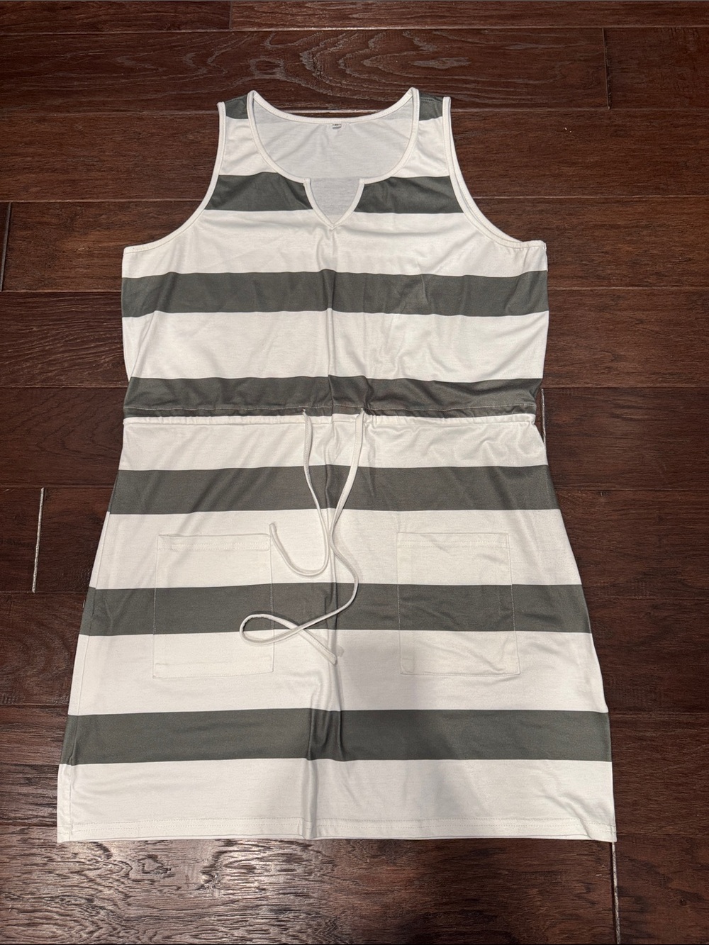 Striped Drawstring Tank Dress in White and Olive